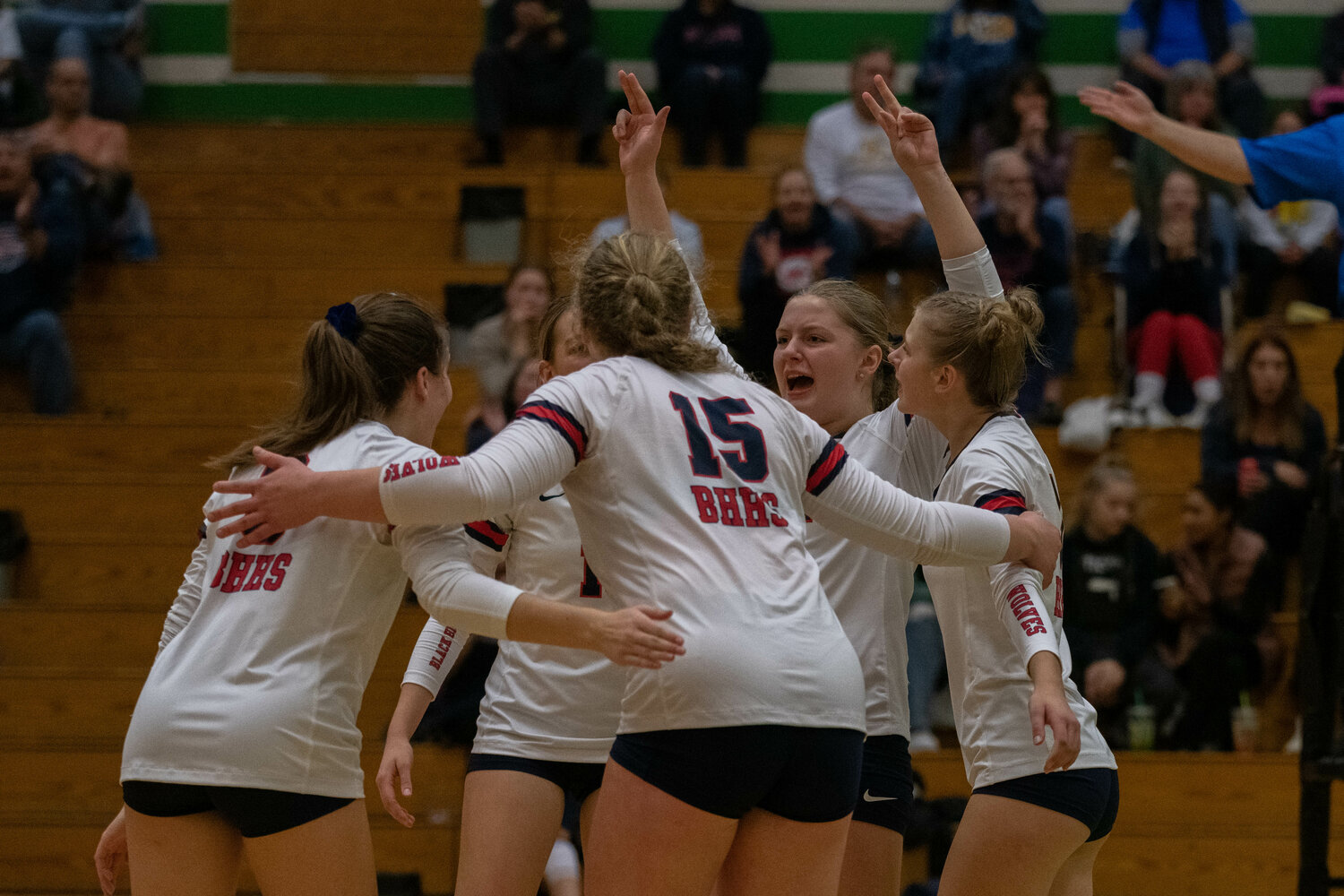 Ava Klovas celebrates a point during Black Hills' four-set win over Aberdeen in a winner-to-State match at the 2A District 4 Tournament, Nov. 4 at Tumwater.