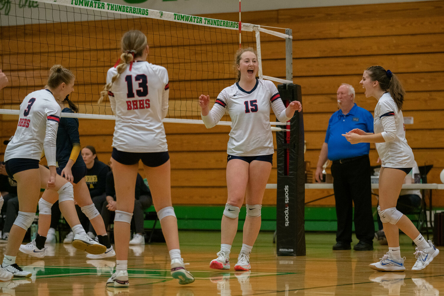 The Wolves celebrate a point during Black Hills' four-set win over Aberdeen in a winner-to-State match at the 2A District 4 Tournament, Nov. 4 at Tumwater.