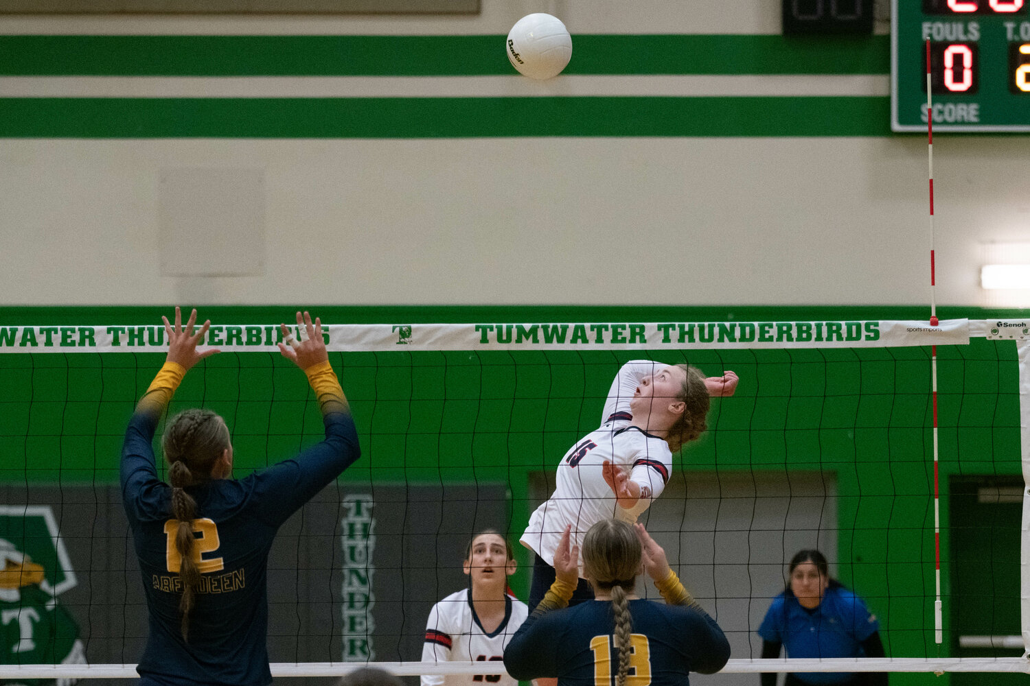 Ashley Harris winds up at the net for a spike during Black Hills' four-set win over Aberdeen in a winner-to-State match at the 2A District 4 Tournament, Nov. 4 at Tumwater.