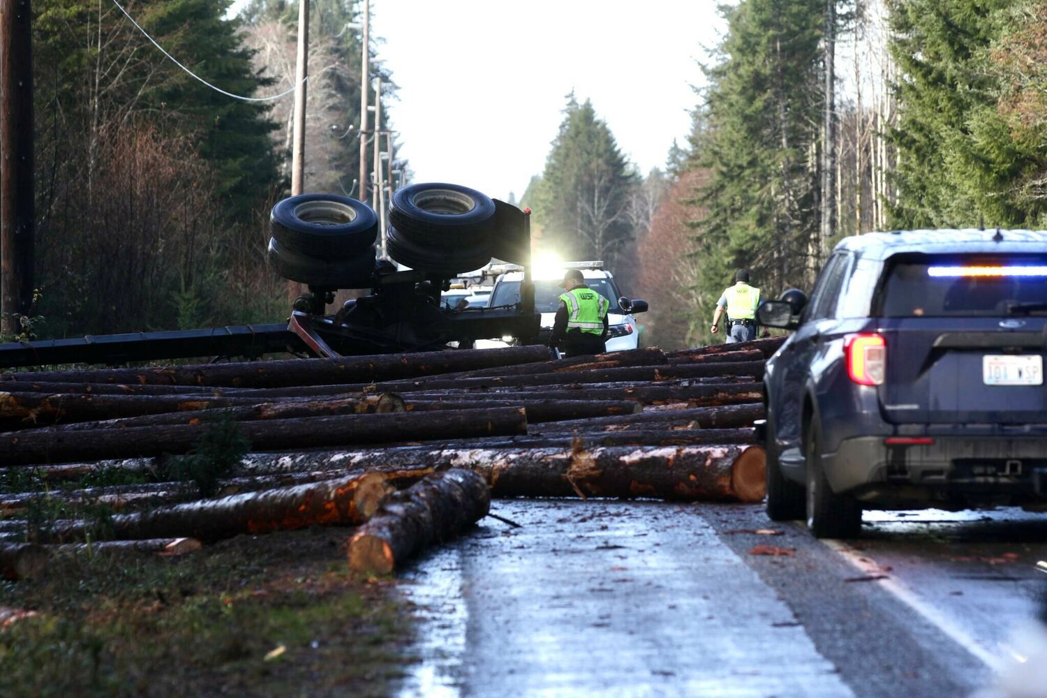 A log truck was involved in a fatal motor vehicle crash on Friday morning on 101. (Michael S. Lockett / The Daily World)
