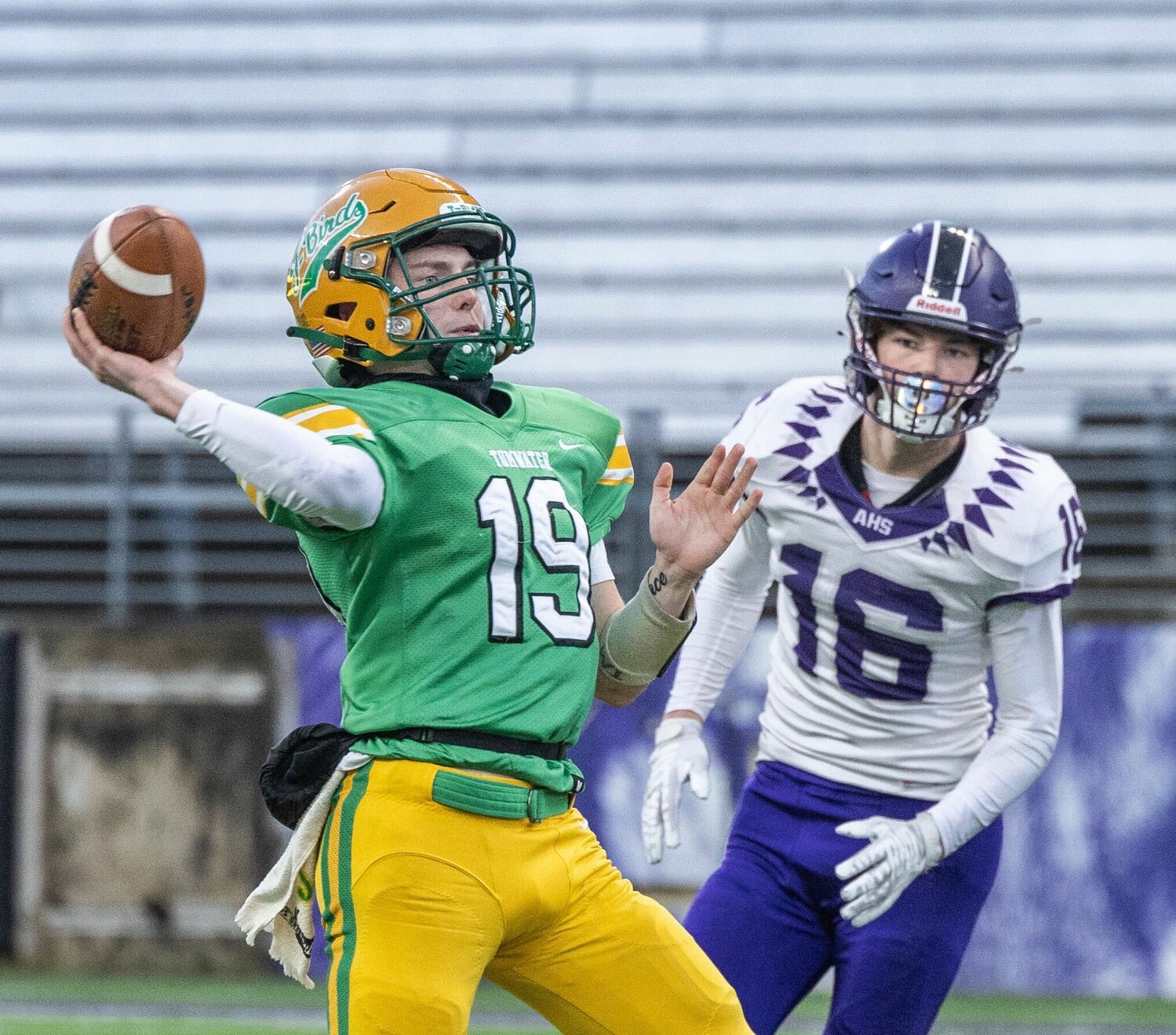 Ethan Kastner throws a pass downfield in the first half of Tumwater's 60-30 loss to Anacortes in the 2A state title game, Dec. 2 in Seattle.