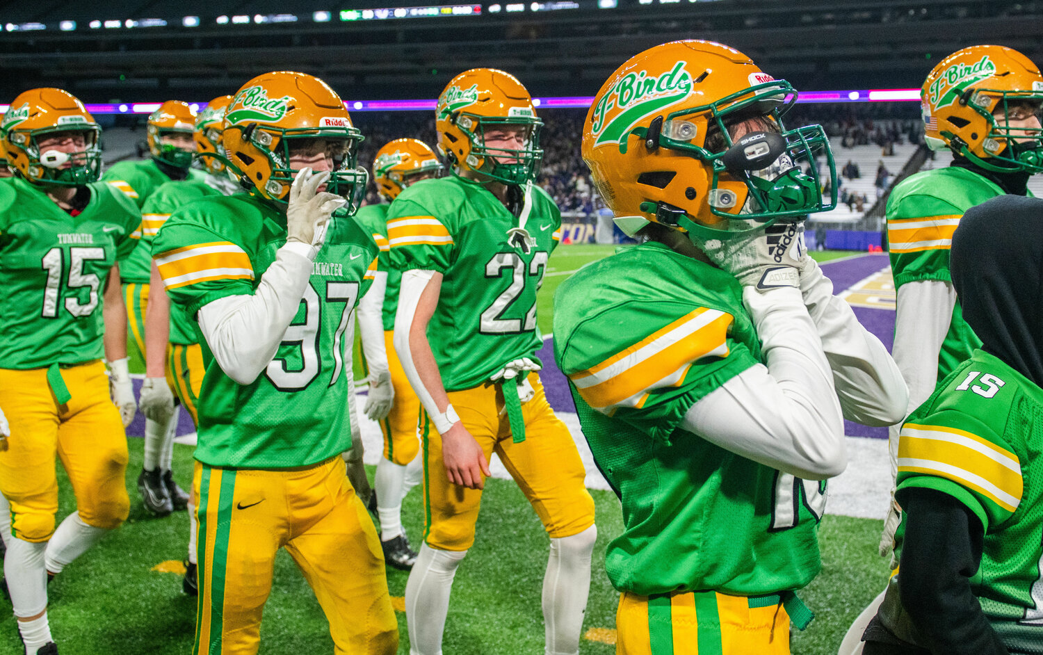 Tumwater reacts after a loss to Anacortes in the 2A State Championship game on Saturday, Dec. 2 at Husky Stadium.
