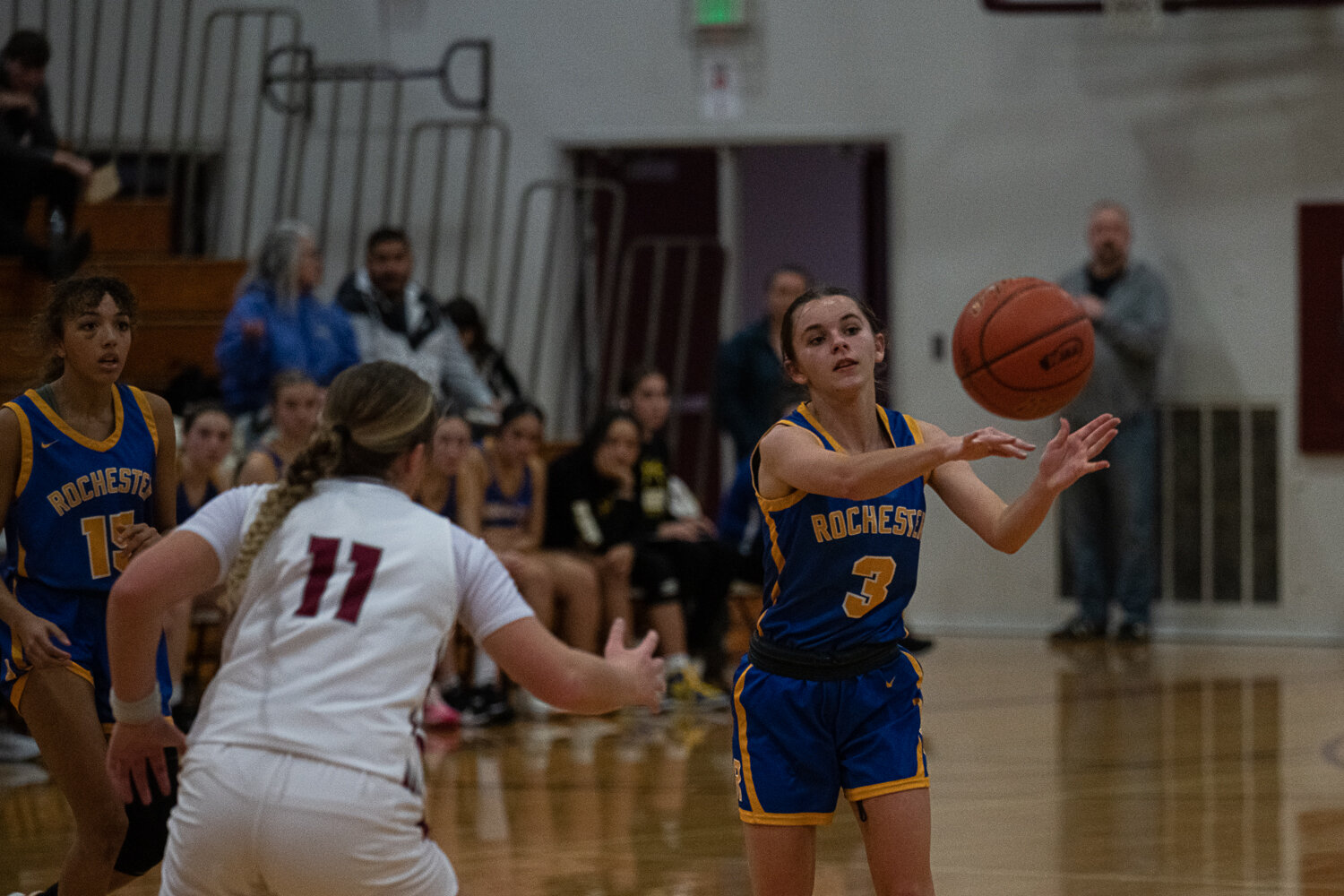 Sara Haury passes the ball to a teammate during Rochester's loss at W.F. West on Dec. 6.