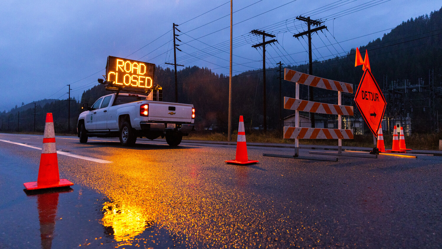 Highway 12 in Randle remains closed on Wednesday, Dec. 6, as rain continues to fall.