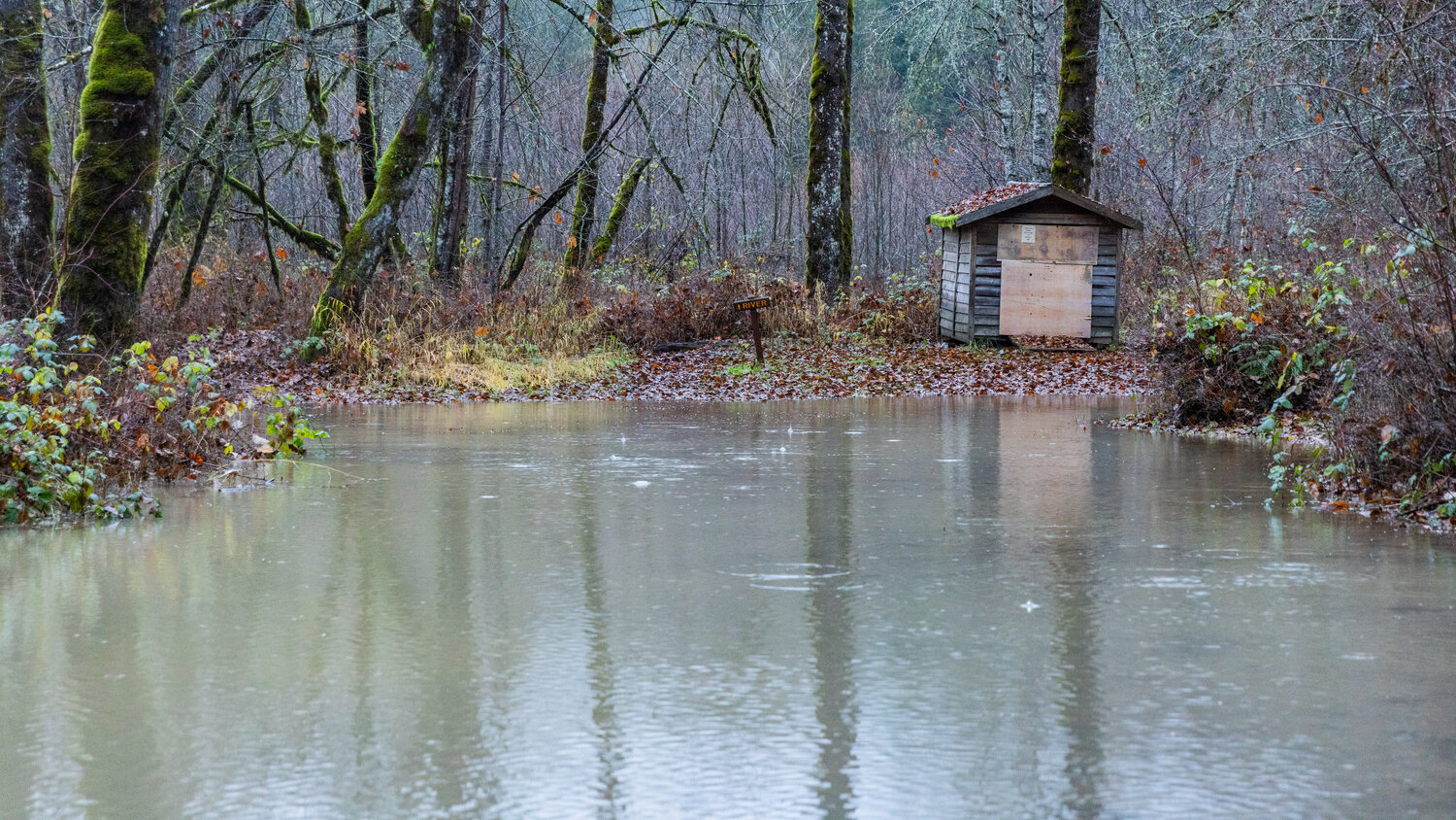 A sign points to the Cowlitz River as water floods portions of Cascade Peaks Resort and Campground in Randle on Wednesday, Dec. 6.