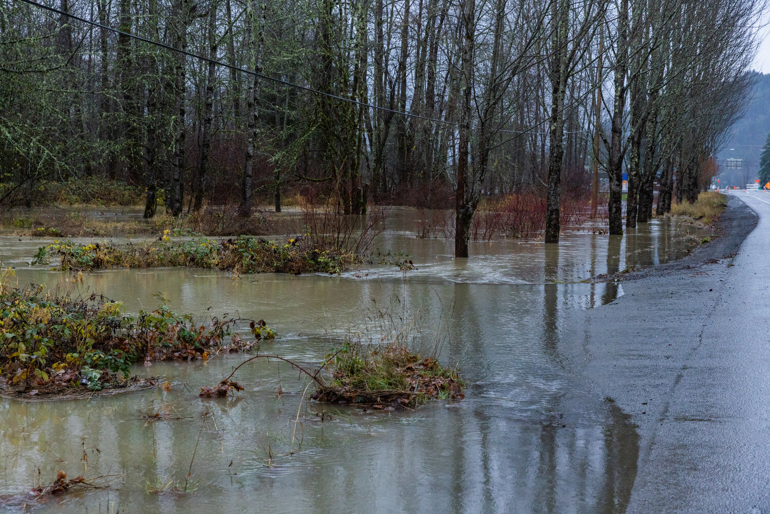 Water from the Cowlitz River creeps up to lanes of Highway 12 in Randle on Wednesday, Dec. 6.