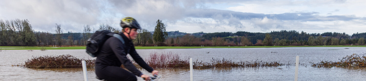 A bicyclist rides past receding waters from the Chehalis River in a field along Airport Road in Chehalis on Thursday, Dec. 7.