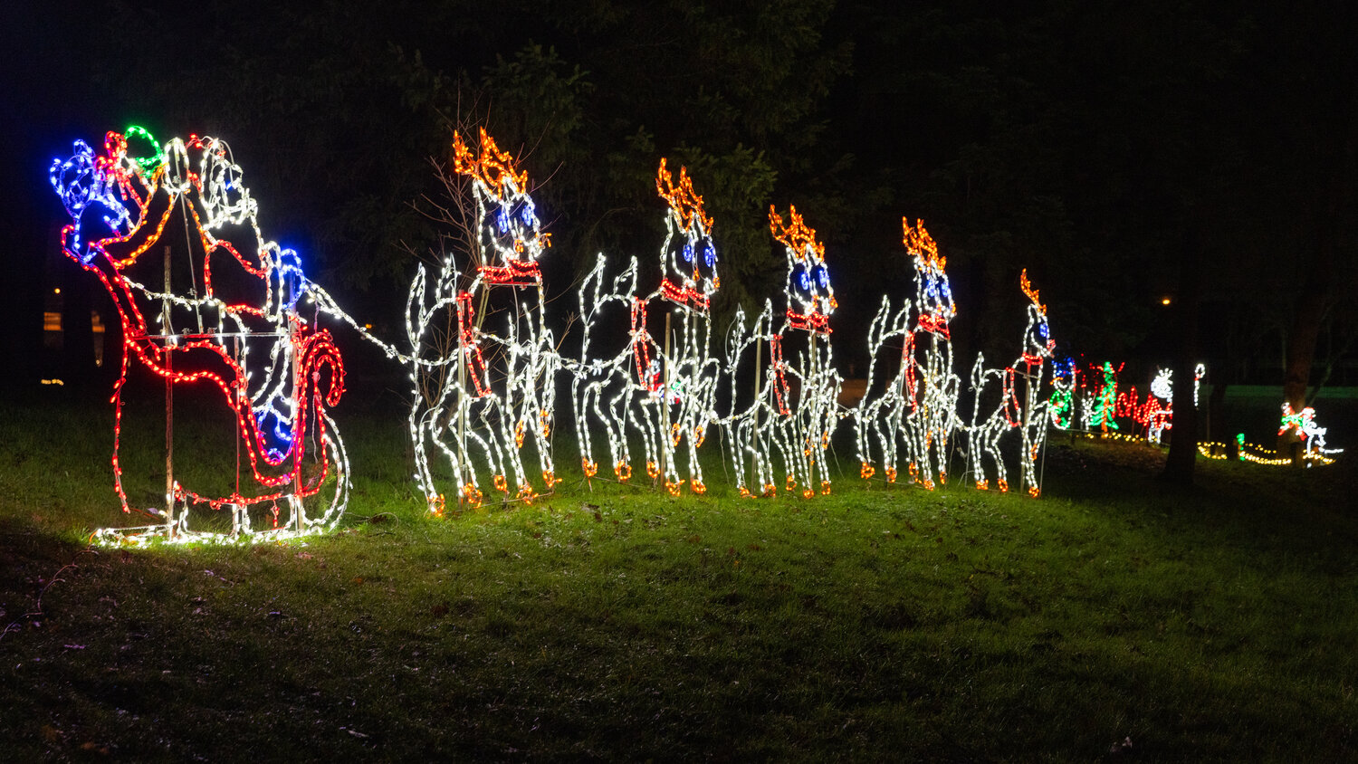 Santa and his reindeer are depicted in lights at Borst Park in Centralia on Thursday, Dec. 7.