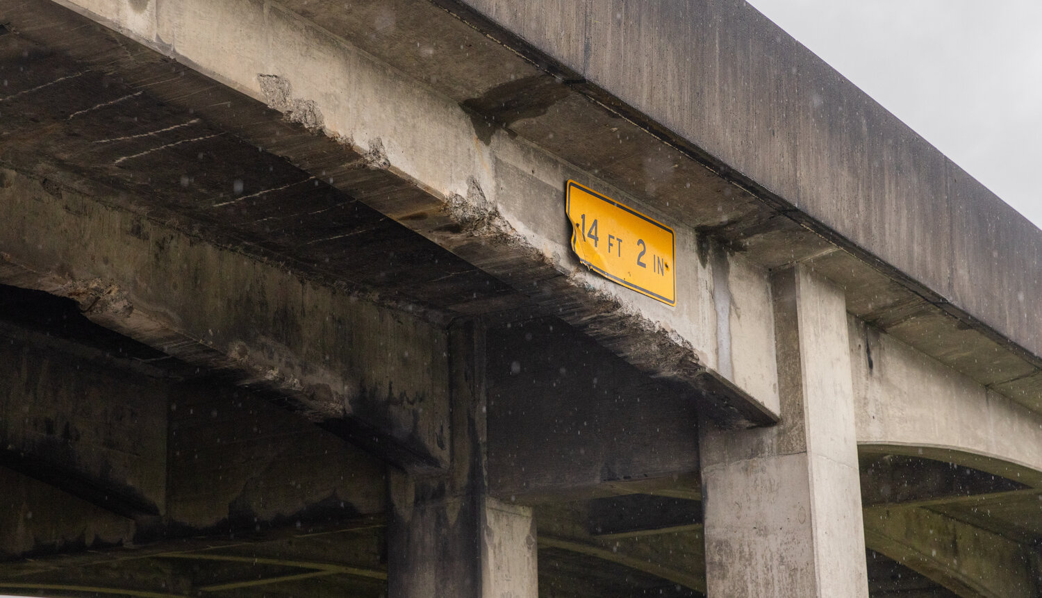 Cement under the bridge for Interstate 5 over West Forest Napavine Road was struck and damaged by a semi on Wednesday, Dec. 6.